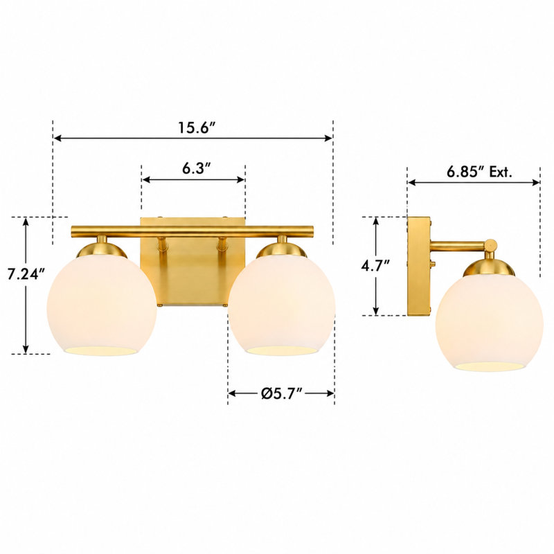 Luminaire pour meuble-lavabo moderne à 2 lumières de 16 po de style Mid-Century avec abat-jour en verre opale satiné, Or doux