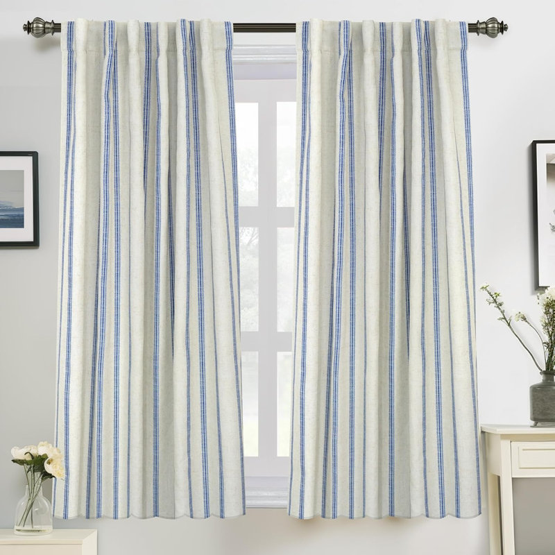 Blackout Curtain Pair, 52" W x 36" L, Navy Stripe/Light Linen-Back Tab