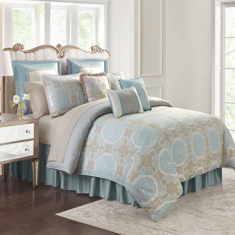 Navy and Gold Reversible Queen Comforter Set with Embroidery