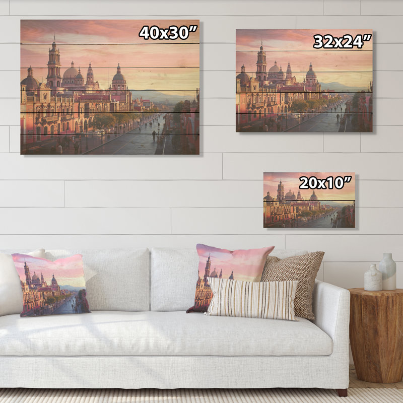 Zocalo, Mexique, paysage - Art mexicain, art mural sur bois de pin naturel, H 10 po x l 20 po
