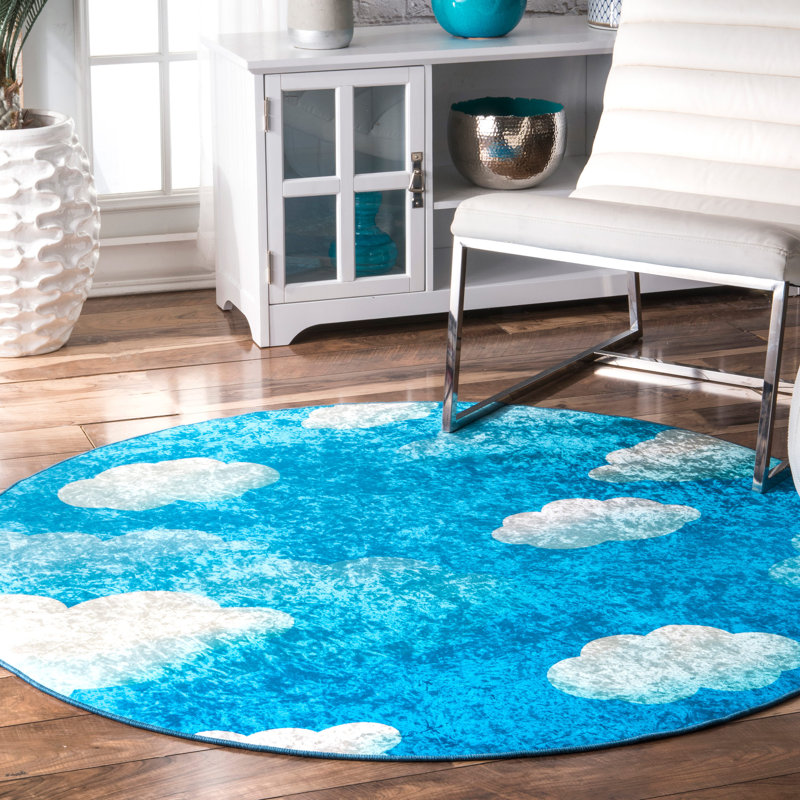 Tapis bleu à motif géométrique Nicolette, Rond 5 pi