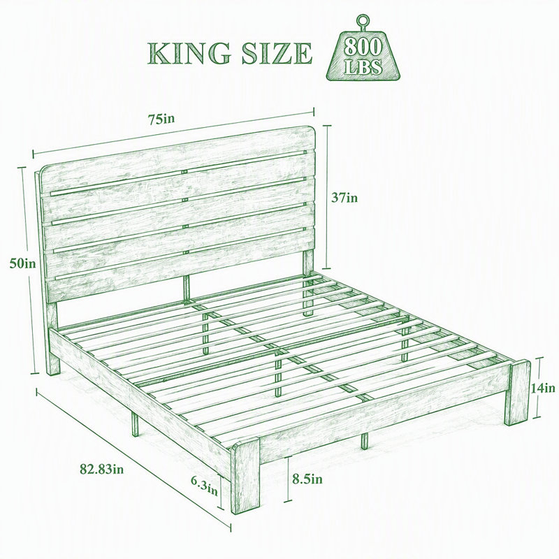 Wood Platform Bed Frame , Noise Free, King