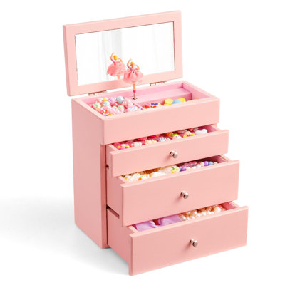 Wooden Jewelry Box with Music for Girls, Rotating Ballerina & Built-in Mirror, 4-Drawer Little Girls Treasure Storage Case for Hair Accessories Bracelets Necklaces, Children Birthday Christmas Gift