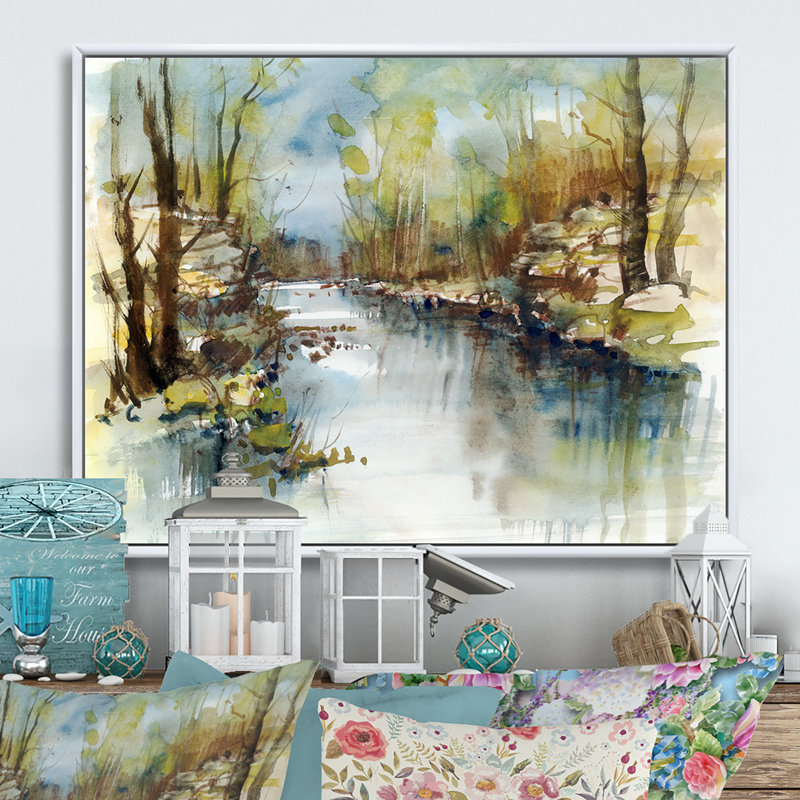 «Summer River Landscape II», reproduction sur toile flottante, H 12 po x l 20 po x P 1 po, Cadre flottant blanc