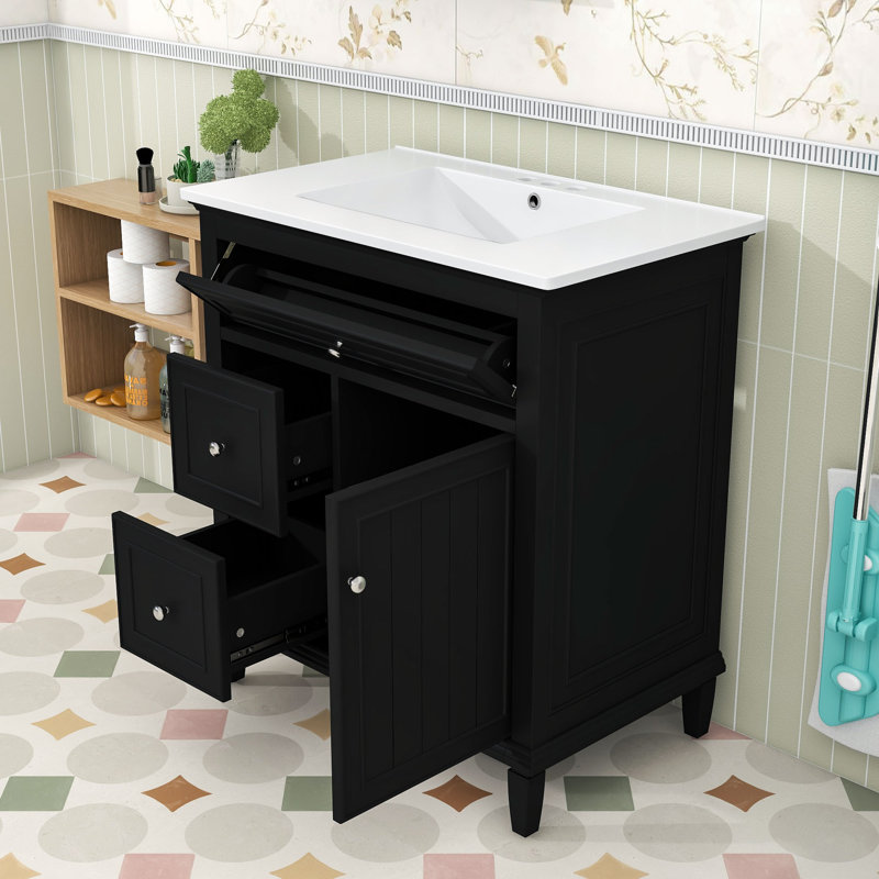 Meuble-lavabo autoportant élégant avec lavabo en céramique, rangement réglable et tiroir basculant, Noir