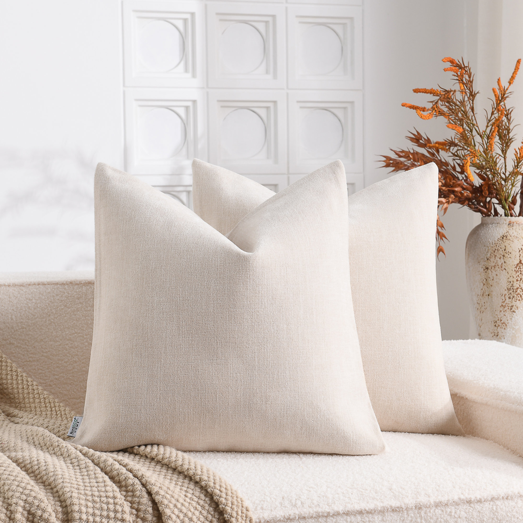 Soft Textured Slub Chenille Solid Cushion Cover Cozy Neutral Farmhouse Decorative Pillow Covers (Set of 2) - Ivory, Ivory