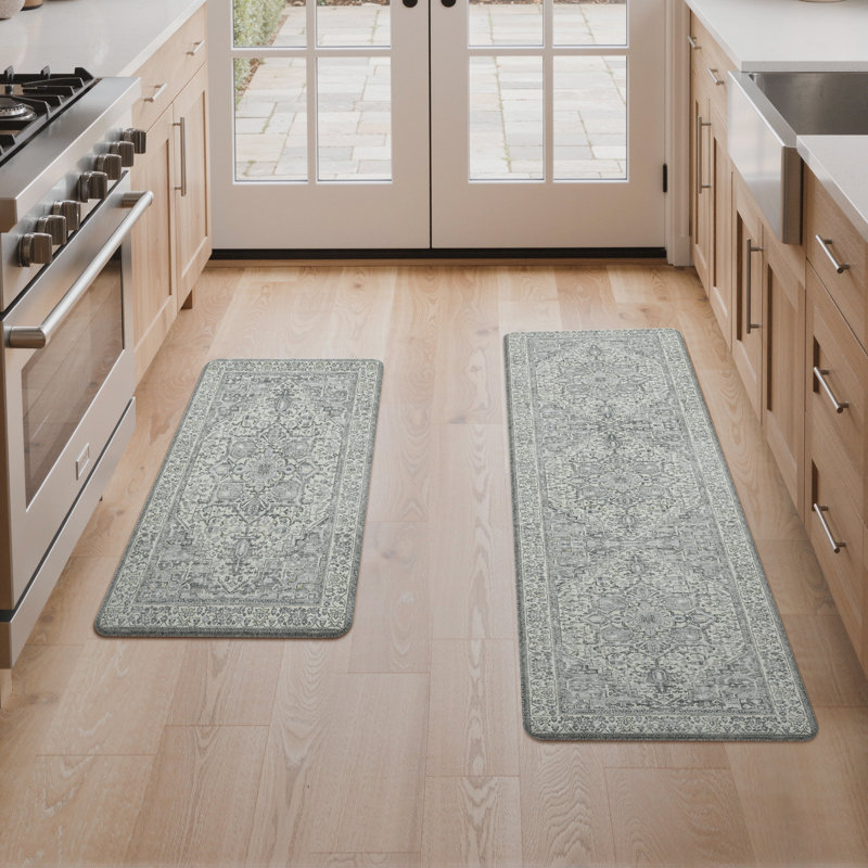 Anti-Fatigue Anti-Slip Waterproof Kitchen Mat, Runner 17" x 47"+17" x 30", Beige/Gray