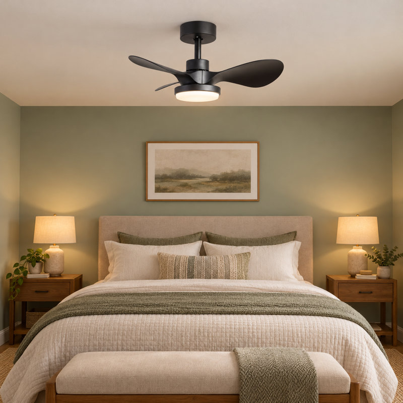 24" Small  Ceiling Fan with Light remote control ,Modern Low Profile black Ceiling Fan, 6-Speeds Quiet Reversible DC motor  for Bedroom,Kitchen