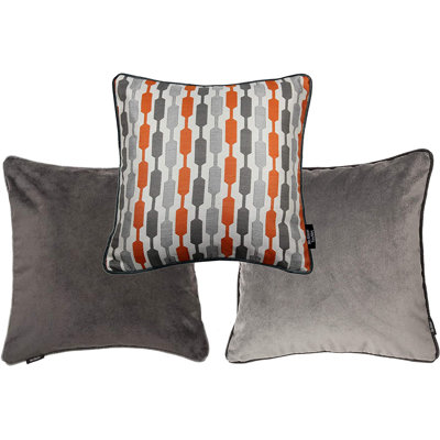 Burnt Orange, Silver + Grey Geometric And Plain Velvet 43Cm X 43Cm Cushion Covers Set Of 3