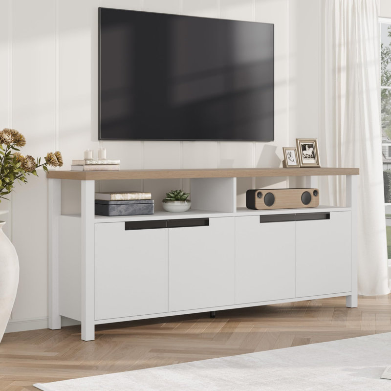 Meuble télé, avec rangement et tablette ouverte, Blanc / Gris