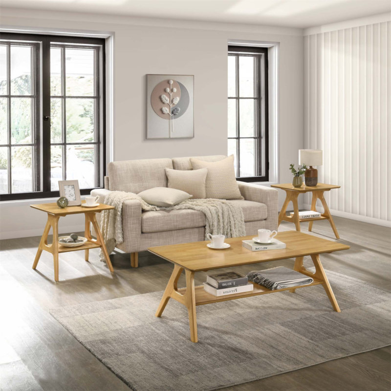 Ensemble de tables basses 3 pièces Arona avec deux tables de bout durables et élégantes pour les salons modernes, Chêne