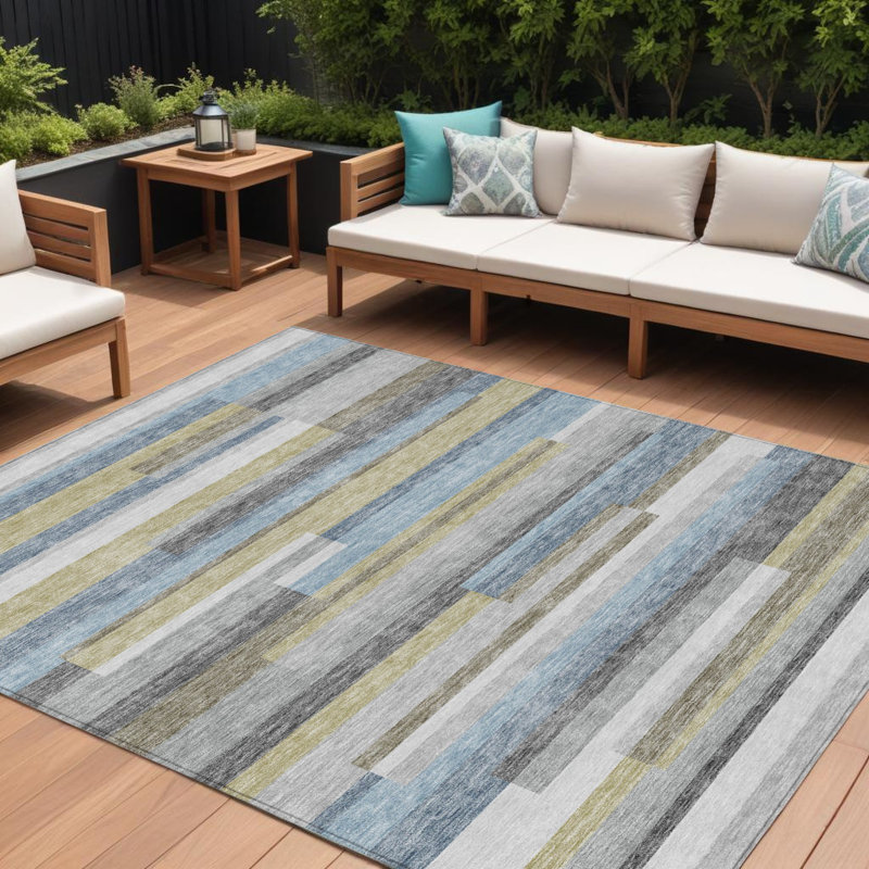 Tapis extérieur lavable rayé bleu denim 9 pi x 12 pi bleu et bleu ciel