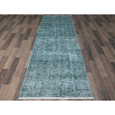 Tapis vert perse rétro 2 pi 7 po x 7 pi 9 po Tabriz persan usé et vieilli, côtés et extrémités sécurisés professionnellement, rasé à la main, 100% laine, fragrance, tapis de couloir oriental