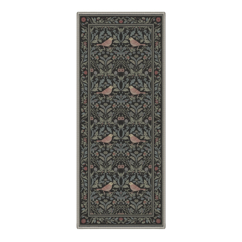 Allendale Auraflora Floral Machine Washable Green / Black Indoor Area Rug with Non-Slip Backing, Runner 2' x 6'