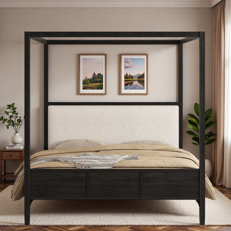 Lit plateforme à baldaquin en bois avec tête de lit tapissier, King, Black