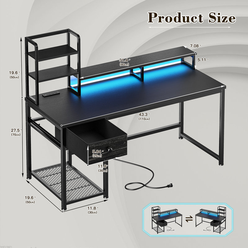 Computer Desk With  Led Lights And Power Outlets, Gaming Desk With Monitor Stand,Home Office Writing Desk With Storage And 2 Shelves