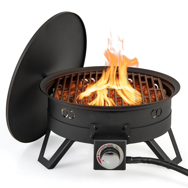 17" Portable Gas Fire Pit With Folding Legs & Removable Grill Carrying Bag