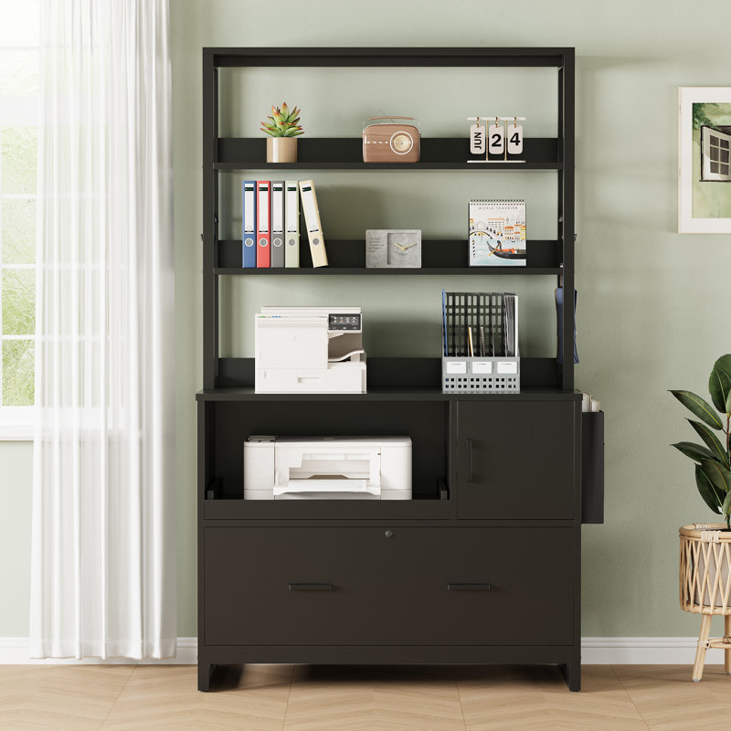 Mandip 31.5”W 1-Drawer File Cabinet With Lock And Sliding Open Storage Shelf, Black