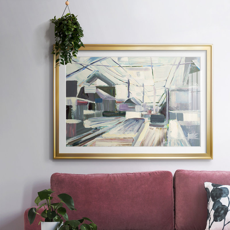 Impression encadrée avec cadre pointu et verre biseauté mat, Or, H 30 po x l 44 po x P 1,5 po