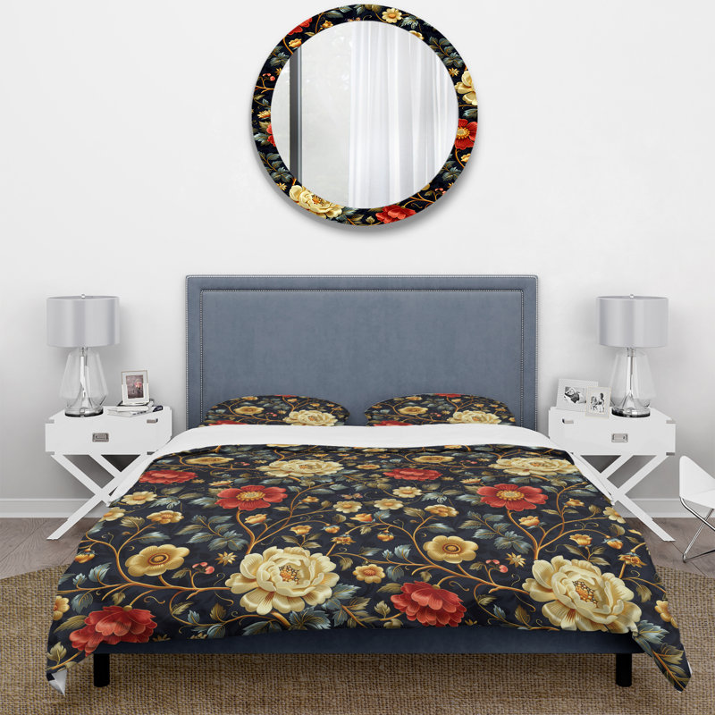 Red Gold Floral Delicate Flowers - Ensemble de housse de couette floral, Housse de couette simple + 2 taies décoratives st