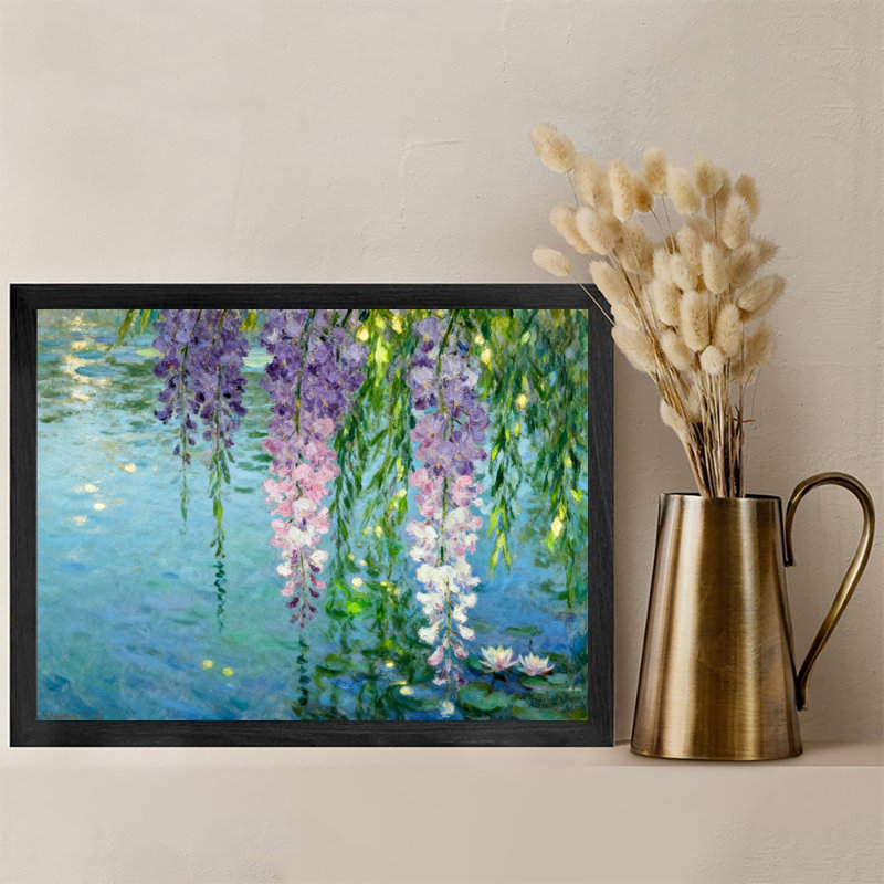 Reproduction d'art encadrée noire de fleurs de glycine rétro reflétée sur l'eau, H 11 po x l 9 po