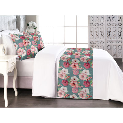 Ambesonne Flowers Vintage Bed Runner Set Hibiscus Leaves Art Dark Pink Cadet Blue