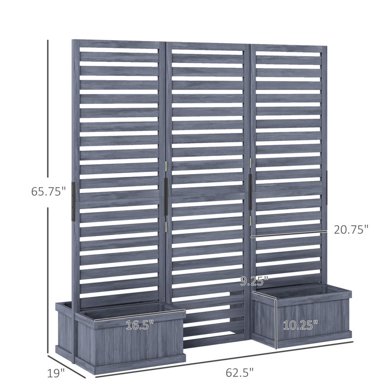 Wood Privacy Screen W/ 4 Planter Box, Raised Bed W/ 3 Panels & Drainage Holes, Gray