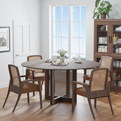 Table de salle à manger ronde en bois massif avec piédestal en rotin