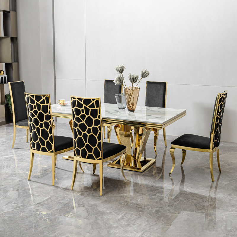 Table de salle à manger en acier inoxydable poli 66,9 po avec base en forme de losange, grande table de salle à manger moderne
