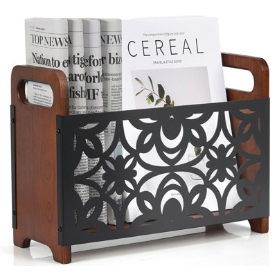 Magazine Holder,Oak Wood Magazine Rack Floor,Lotus Pattern,Rustic Magazine File Holder Organizer,Decorative Magazines Storage Basket(Rustic Brown)