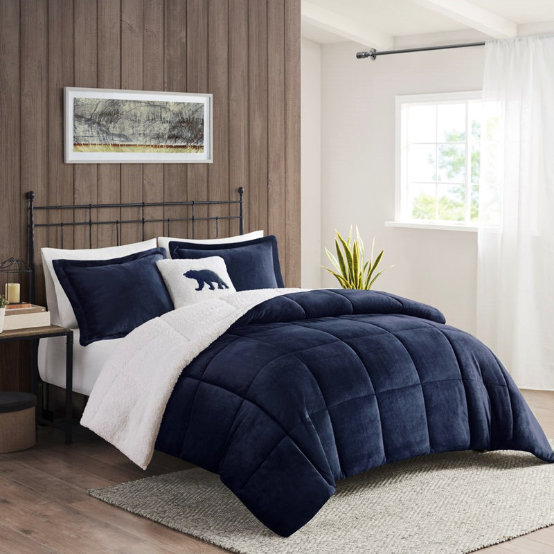 Bleu marine + édredon - double / grand, to, duvet synthétique, 2 taies décoratives et 1 coussin décoratif pour le lit