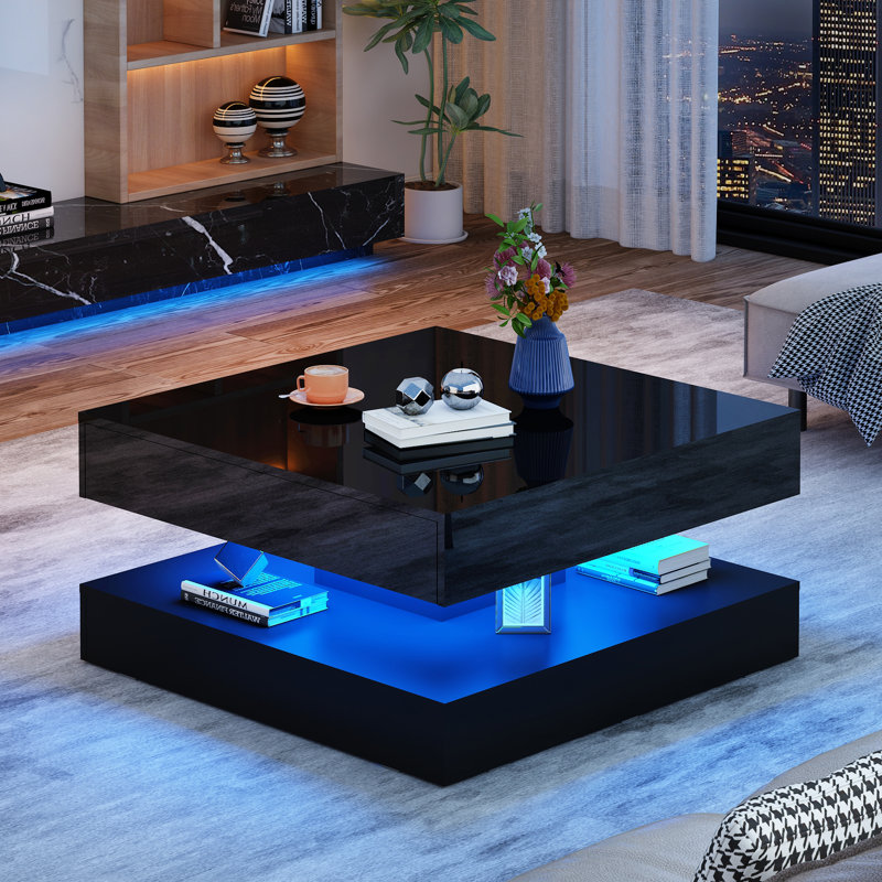 Table basse 33,9 "à DEL avec rangement, table de salon moderne ultrabrillante avec 2 tiroirs, grande table centrale carrée à double couche