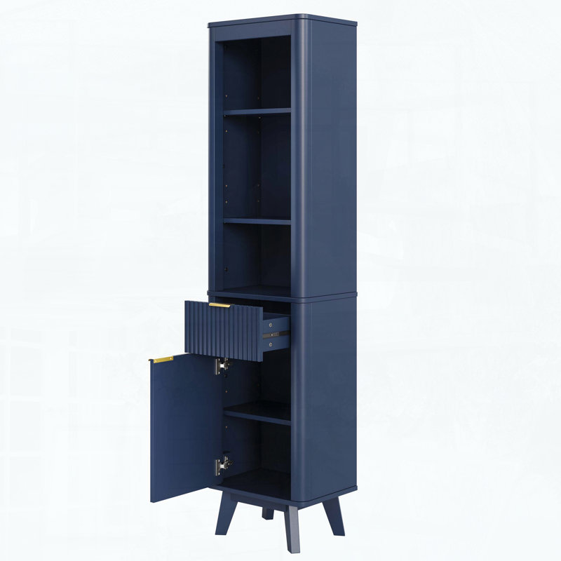 Tall Storage Cabinet with Adjustable Shelves and Drawer, Fluted Design for Bathroom/Living Room, Blue