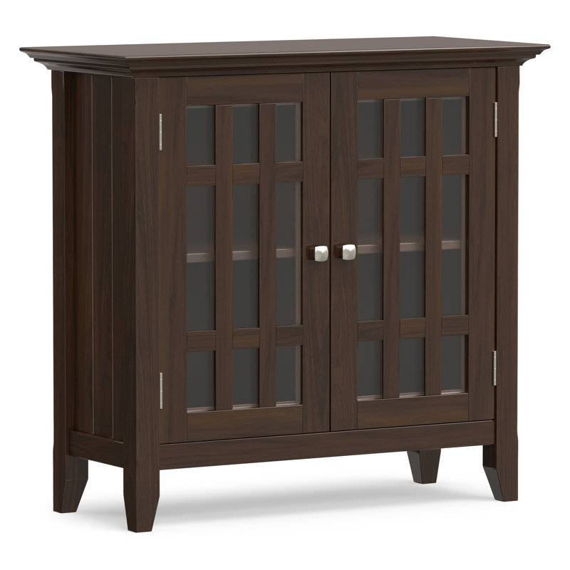 Bedford 32"W Solid Wood Transitional Low Media Cabinet with Glass Doors and Adjustable Shelves, Dark Tobacco Brown