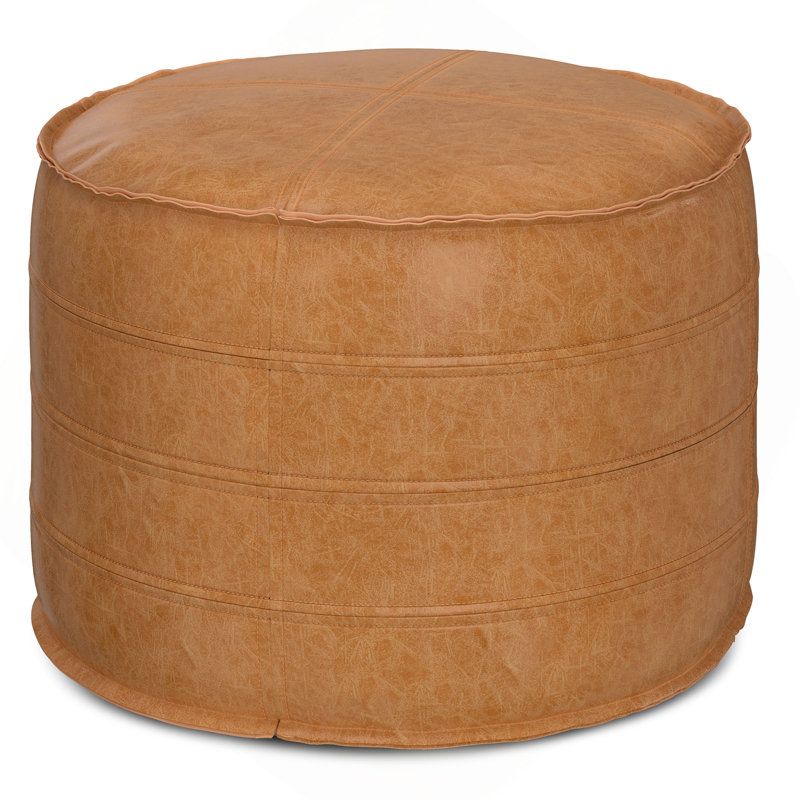 Brody 20 inch Wide Round Pouf in Distressed Brown Vegan Leather, 14" H x 20" W x 20" D