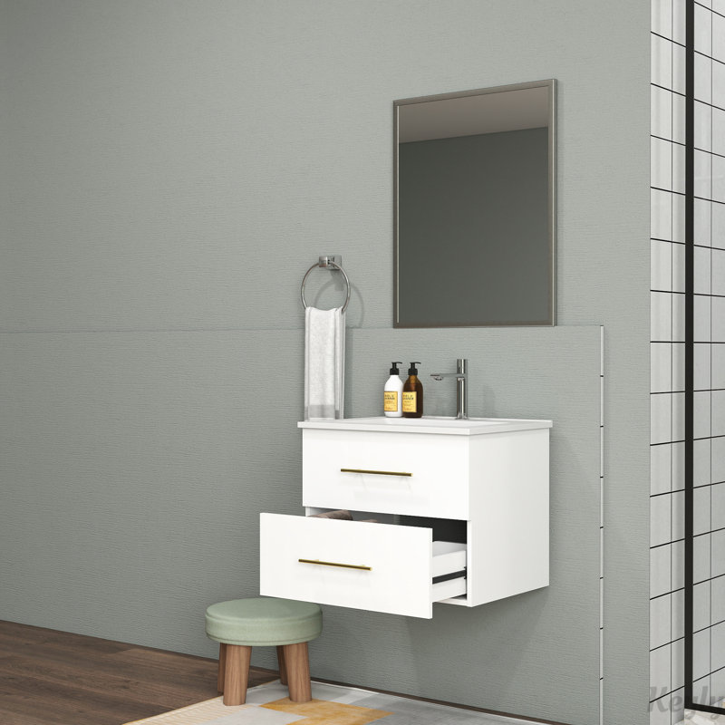 Ensemble de meuble-lavabo mural 24 po avec lavabo et miroir, Blanc lustré