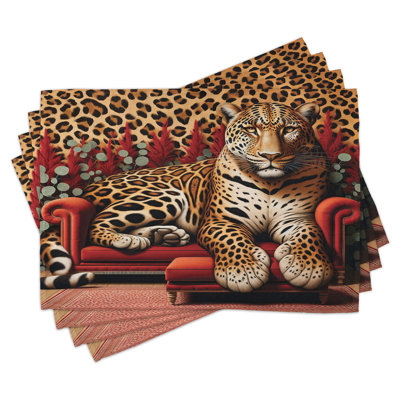 Ambesonne Leopard Place Mats Set of 4 Big Cat on Sectional Sofa Standard Red Apricot Dark Salmon -  ser_429952