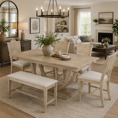 6-Piece Wood Half Round Dining Table Set Kitchen Table Set with Long Bench and 4 Dining Chairs, Modern Style, Seadrift