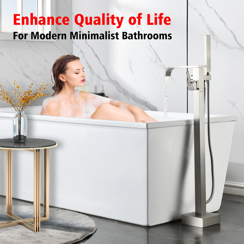 SUMERAIN Contemporary Brushed Nickel Floor Mounted Tub Faucet, Single Handle Freestanding Bathtub Faucet with Handheld Shower, Ceramic Disc Valve