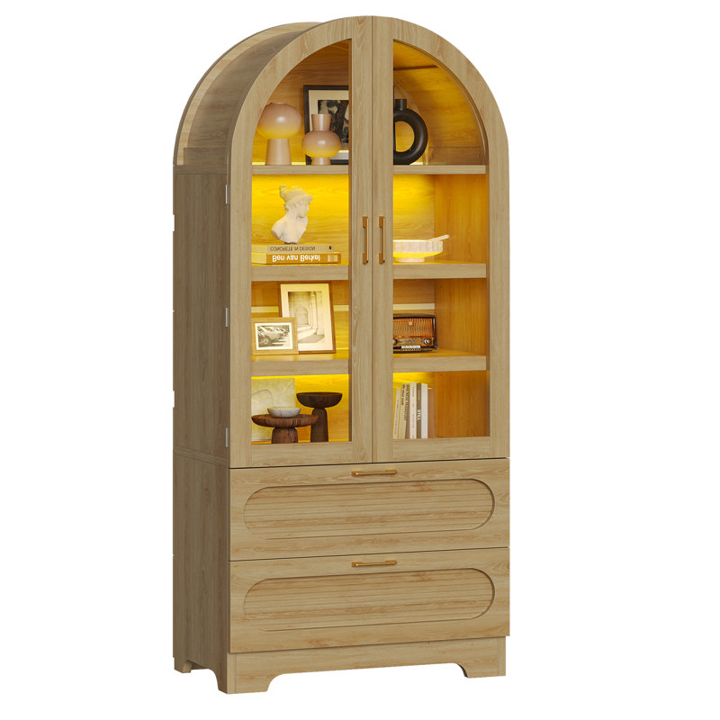 Armoire de rangement cintrée de 71 po avec étagères réglables, bibliothèque et éclairage DEL, et 2 tiroirs de 15,5 po de profondeur.
