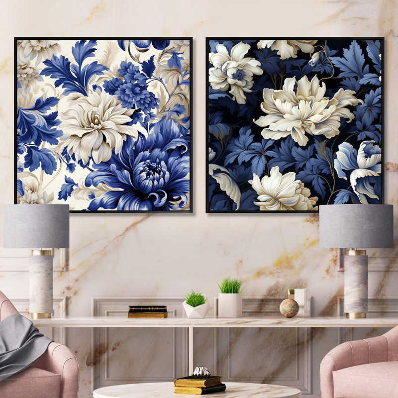 Ensemble victorien victorien de brocart bleu cobalt victorien, Cadre flottant noir, H 16 po x l 33 po