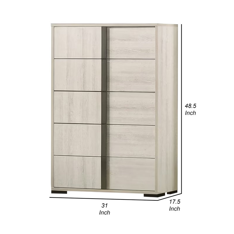 Commode haute Hyao, 5 tiroirs avec poignées chromées, placage blanc délavé