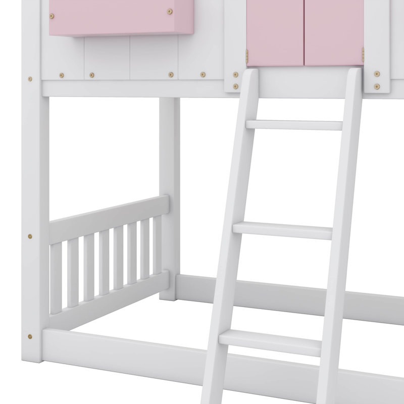 Twin-Over-Twin House-Themed Bunk Bed Complete With Roof, Window, Window Box, Door, Safety Rails, And Ladder, Pink/White