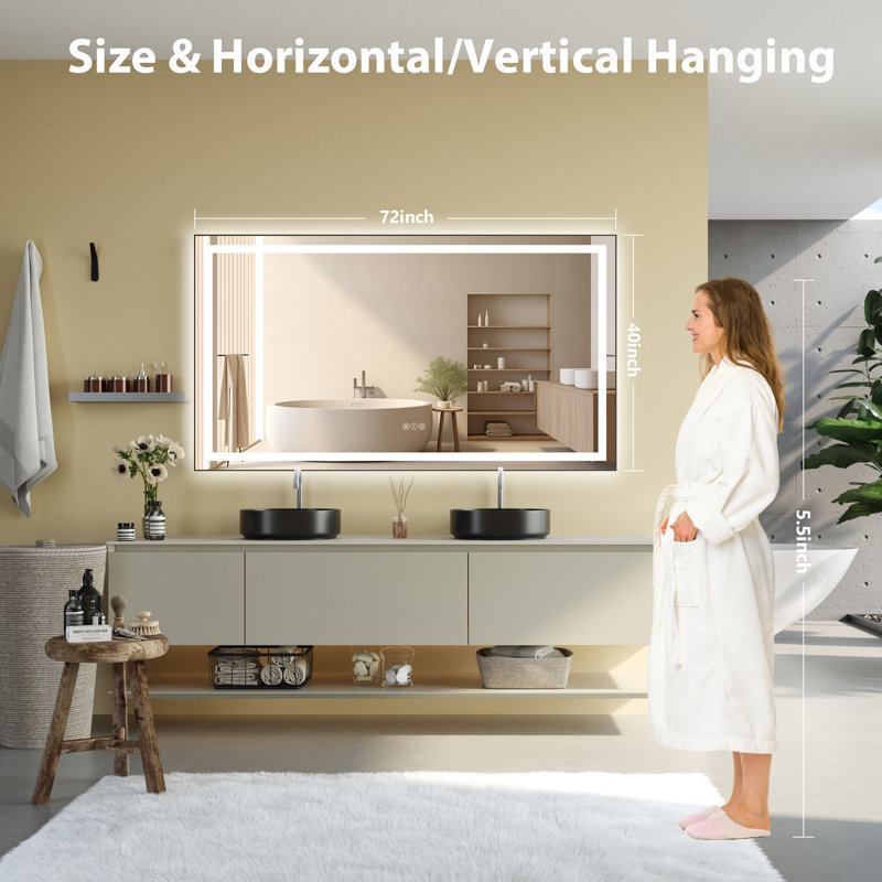 Dokes Super Bright Front & Back LED Lighted Anti-Fog Tempered Glass Bathroom/Vanity Mirror with ETL, 40" x 72"