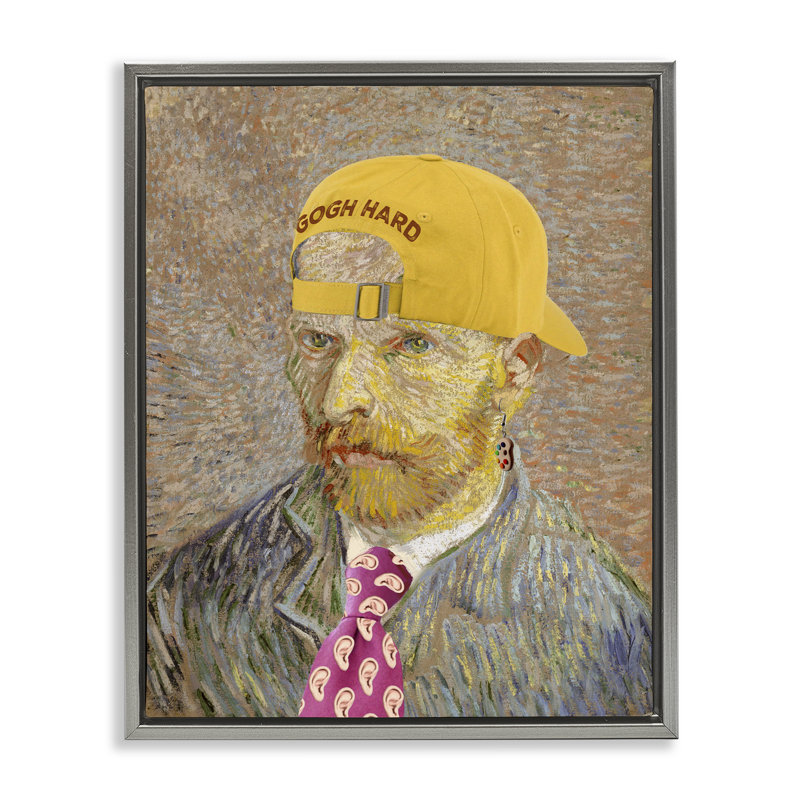 Van Gogh dans un cadre flottant avec chapeau jaune, design par Masters Redux, H 31 po x l 25 po, Cadre flottant gris lustré