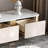 Modern 78.74″ White Gloss Faux Marble TV Stand – Luxury Media Console with Burnt Stone Look, Gold Stainless Steel Legs, 4 Storage Drawers, Simple Assembly