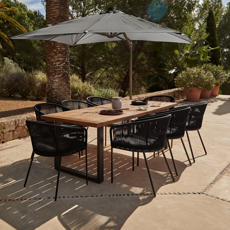 Fabiano Rectangular 8 - Person 235cm Long Dining Set with Cushions and Umbrella, Black with Grey LED Parasol, 8