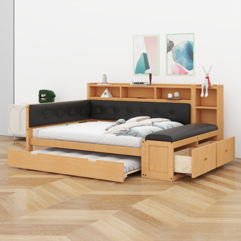 Structure de lit de jour multifonctionnelle en bois avec couchette, tablettes de rangement, banc et station de charge, tête de lit tapissier