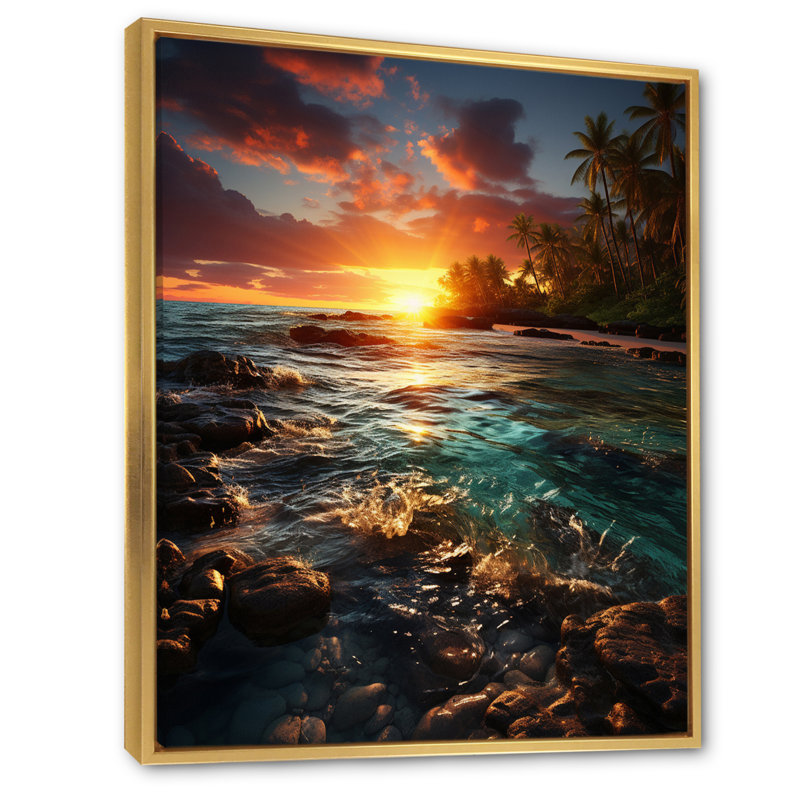 Plage, coucher de soleil, sérénade sur toile, L 12 po x H 20 po, Cadre flottant doré