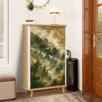 Minimalist Elegant Cranes Flight Golden Misty Forest Landscape Shoe Storage Cabinet with 3 Flip Drawers Freestanding Shoe Rack Organizer Space Saving Footwear Storage Furniture for Entryway Hallway Bedroom Small Apartment Home Use